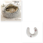 Round plush pet bed, light gray with hooded interior and light gray U insert, 40cm