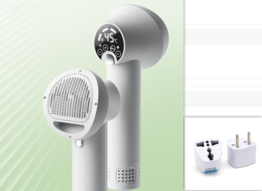 Pet hair dryer with brush head, digital temperature display, purple body with plug adapter kit