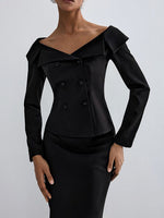 Elegant Luxe Black Double-Breasted Jacket & Long Skirt Suit for a Bold Statement