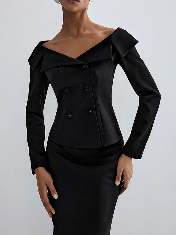 Elegant Luxe Black Double-Breasted Jacket & Long Skirt Suit for a Bold Statement
