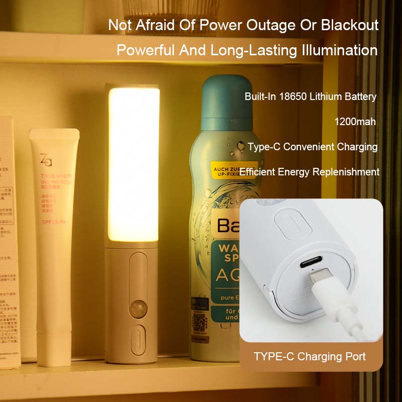 LED night light standing with glowing panel and built-in Type-C charging port detail, gray body