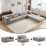 Light grey modular sectional sofa with ottoman benches, corner chaise layout