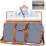 Navy and white striped waterproof duffle bag with tan trim, open top garment compartment