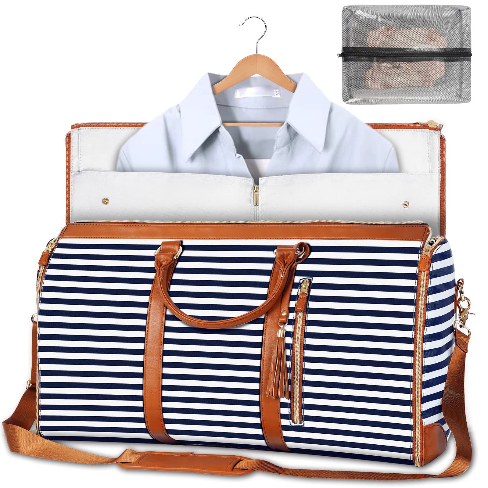 Navy and white striped waterproof duffle bag with tan trim, open top garment compartment