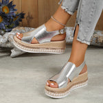 Silver shiny wedge sandals with open toe straps, square buckle, espadrille platform