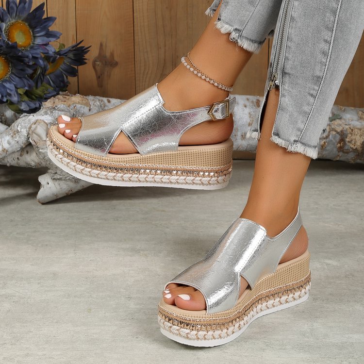 Silver shiny wedge sandals with open toe straps, square buckle, espadrille platform
