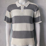 Men's short-sleeve knit polo sweater with dark gray and cream horizontal color-block stripes