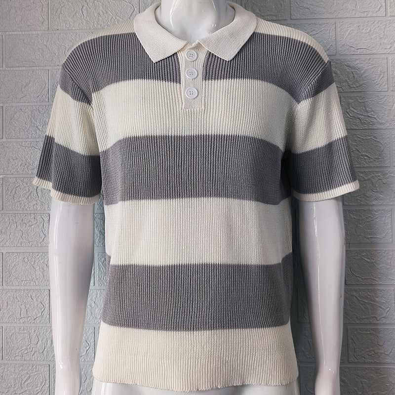 Men's short-sleeve knit polo sweater with dark gray and cream horizontal color-block stripes
