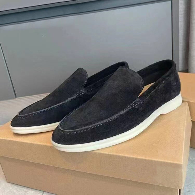 Men's suede loafers, dark navy slip-on driving style with white rubber sole