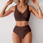 Brown high-waist bikini set with twist-front V-neck bralette and high-rise bottoms
