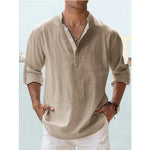 Men's cotton-linen pullover shirt, stand collar, long sleeves, tan button placket