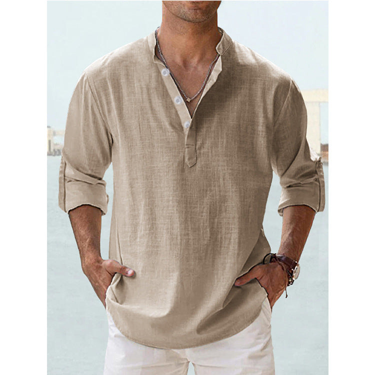 Men's cotton-linen pullover shirt, stand collar, long sleeves, tan button placket