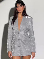 Silver sequin blazer jacket with deep V-neck, button front and curved waist seams