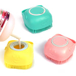 Silicone pet bath massage brushes in green, yellow, and pink, round bristle heads
