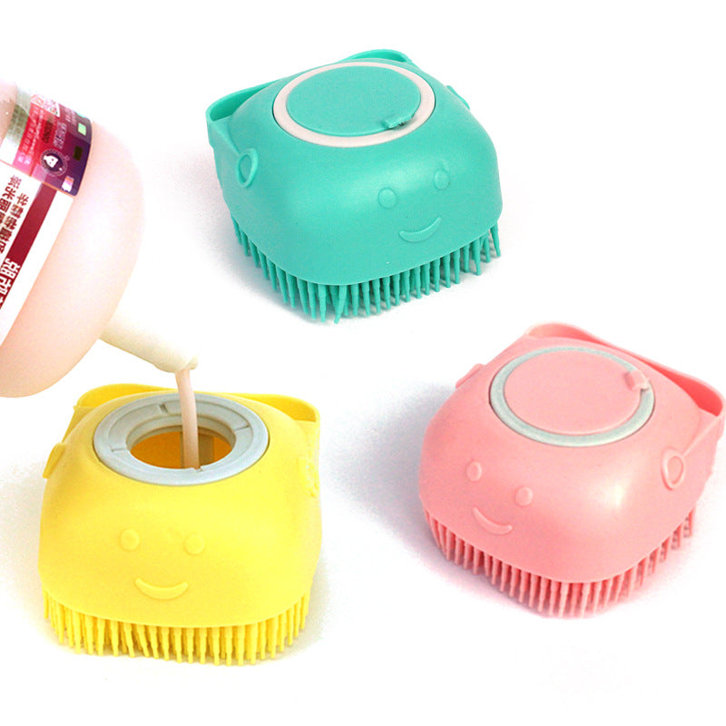 Silicone pet bath massage brushes in green, yellow, and pink, round bristle heads
