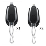 Set of black mini keychain chargers: one Type-C connector and one Lightning connector