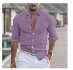 Men's cotton button-front long-sleeve shirt, lavender purple, V-neck