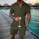 Men's zip short-sleeve shirt and shorts set, dark green quilted texture, half-zip placket
