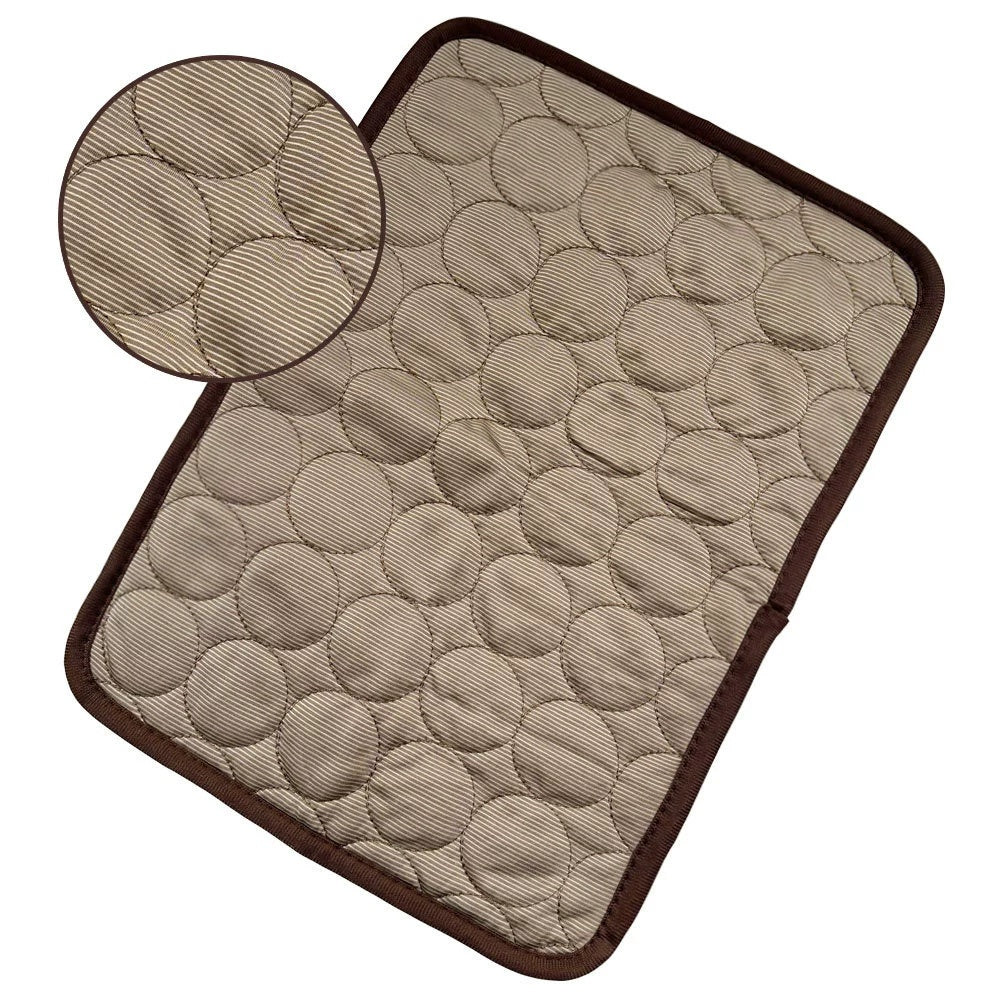 Pet cooling pad with round bubble quilt pattern, dark brown frame, beige color