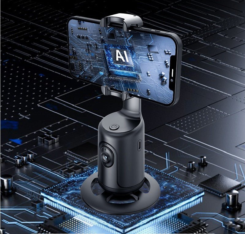 Auto tracking smartphone gimbal with phone screen mounted on a black base