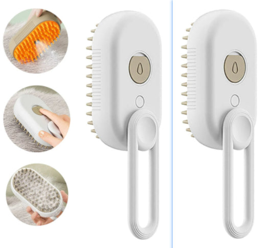 Electric steam pet brush with white body and comb bristles on beige handle