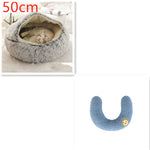 50cm gray round plush pet bed nest with blue U-shaped bolster cushion