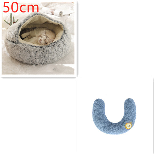 50cm gray round plush pet bed nest with blue U-shaped bolster cushion