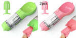 Portable pet water bottle feeder with green and pink bowls, clear bottle, includes pink waste bag