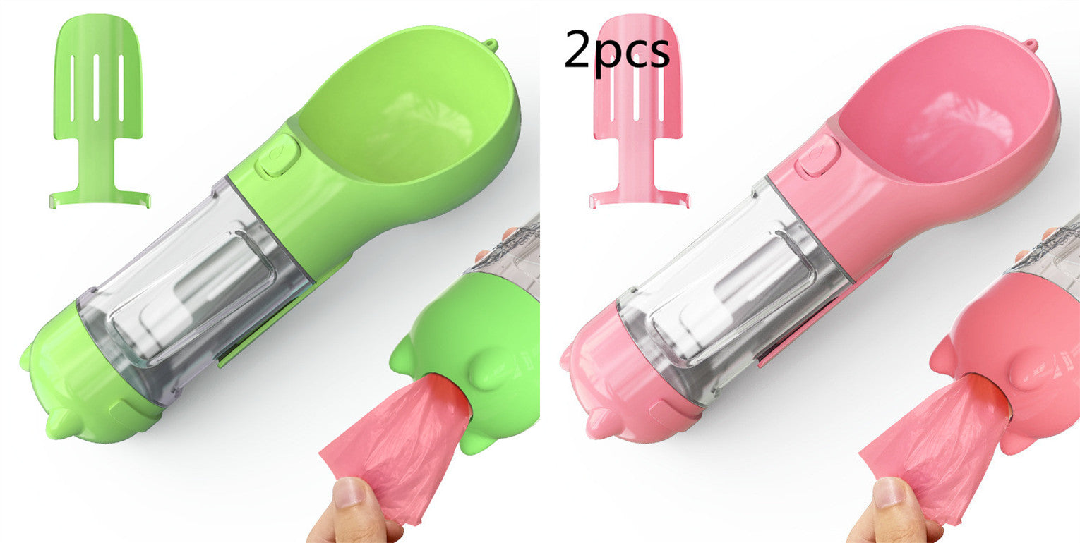 Portable pet water bottle feeder with green and pink bowls, clear bottle, includes pink waste bag