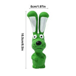 Green latex rabbit squeaky chew toy with white inner ears, full-body view