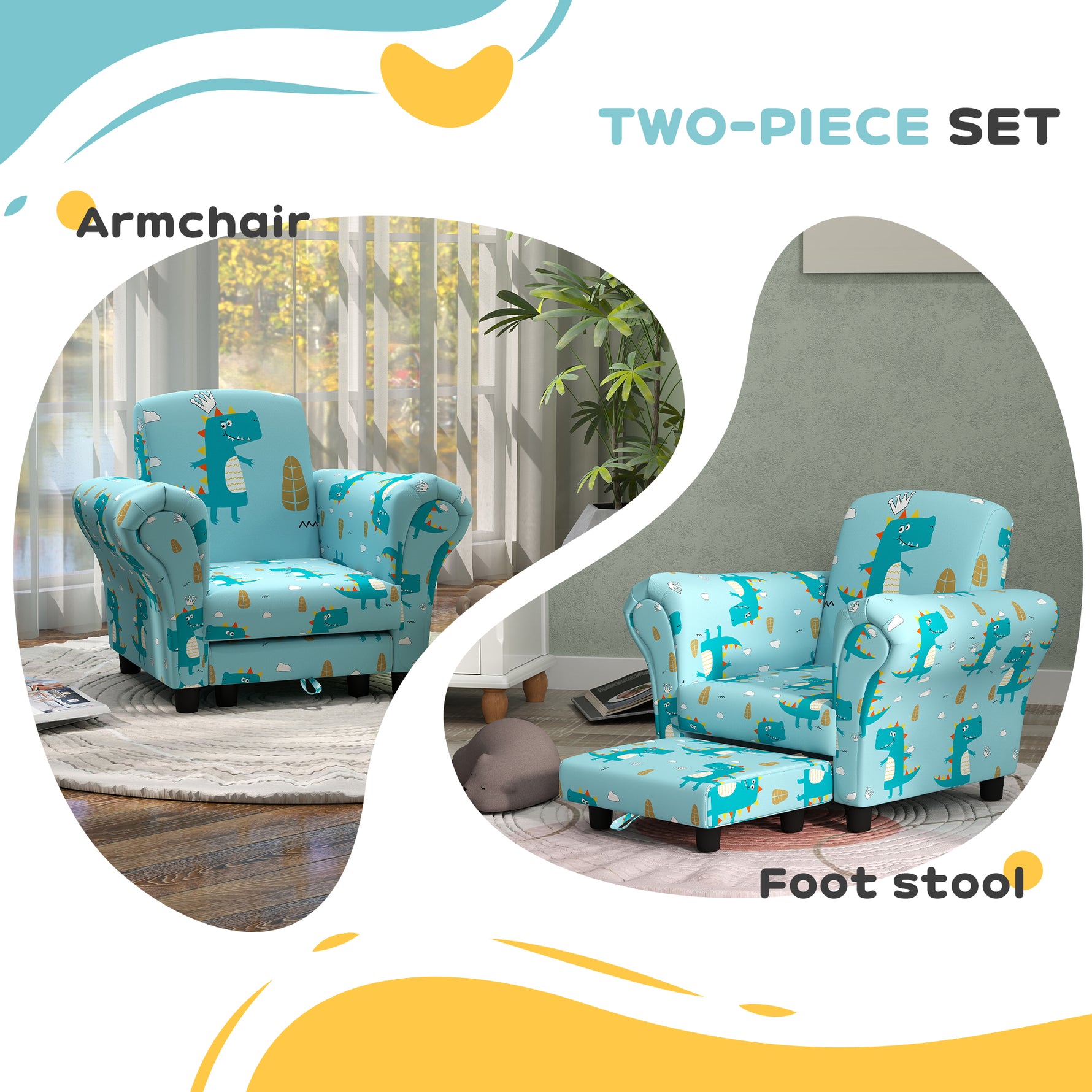 2 Piece Kids Sofa Set With Dinosaur Design, Wooden Frame, For 1.5-3 Years Old, Blue