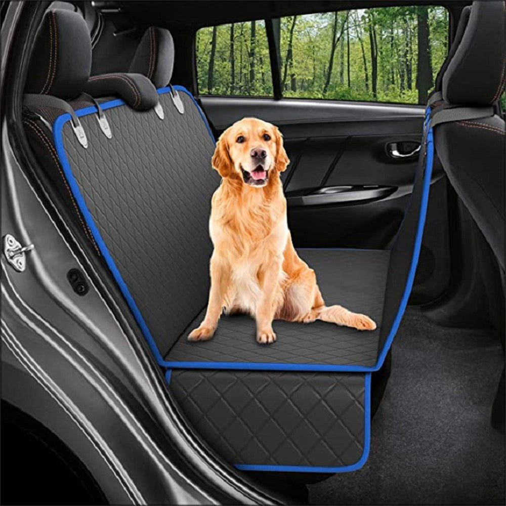 Dog car seat cover hammock with quilted padding, blue edging straps, and safety side loops