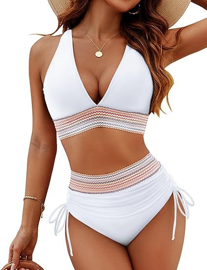 Women's high-waist bikini split set in white with striped band and side-tie bottoms