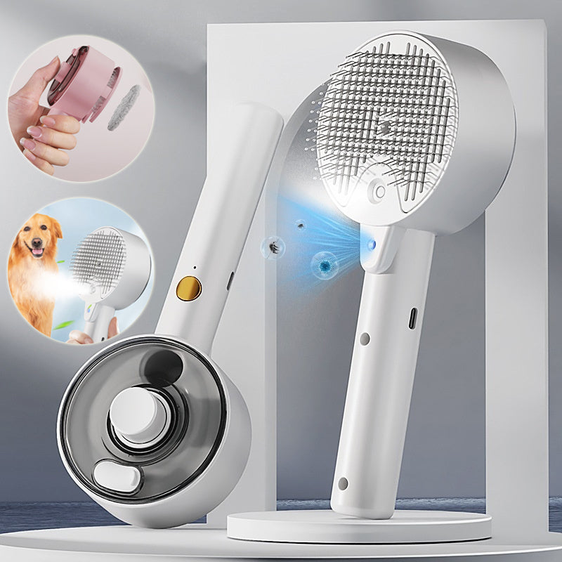 Pet hair remover brush steam self-cleaning grooming tool, white handheld with round base