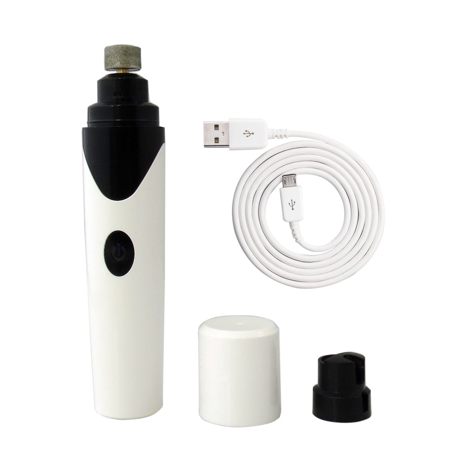 White electric nail grinder with USB cable, sanding cap, and base