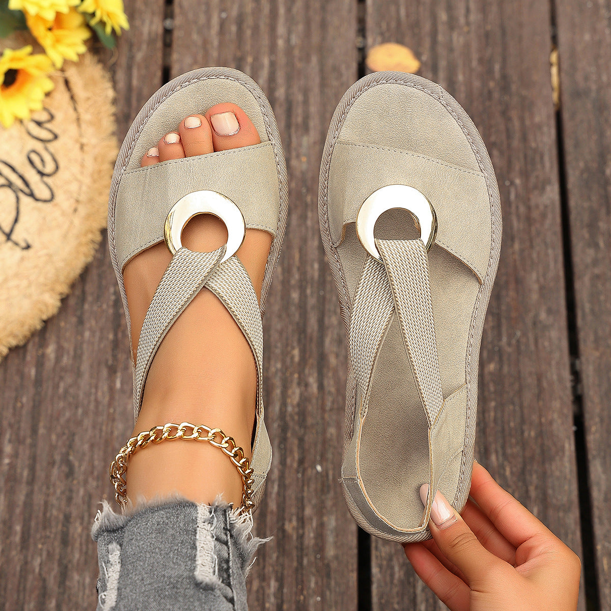 Fish-mouth wedge sandals with elastic ankle strap and jute-textured sole, light taupe; top view.