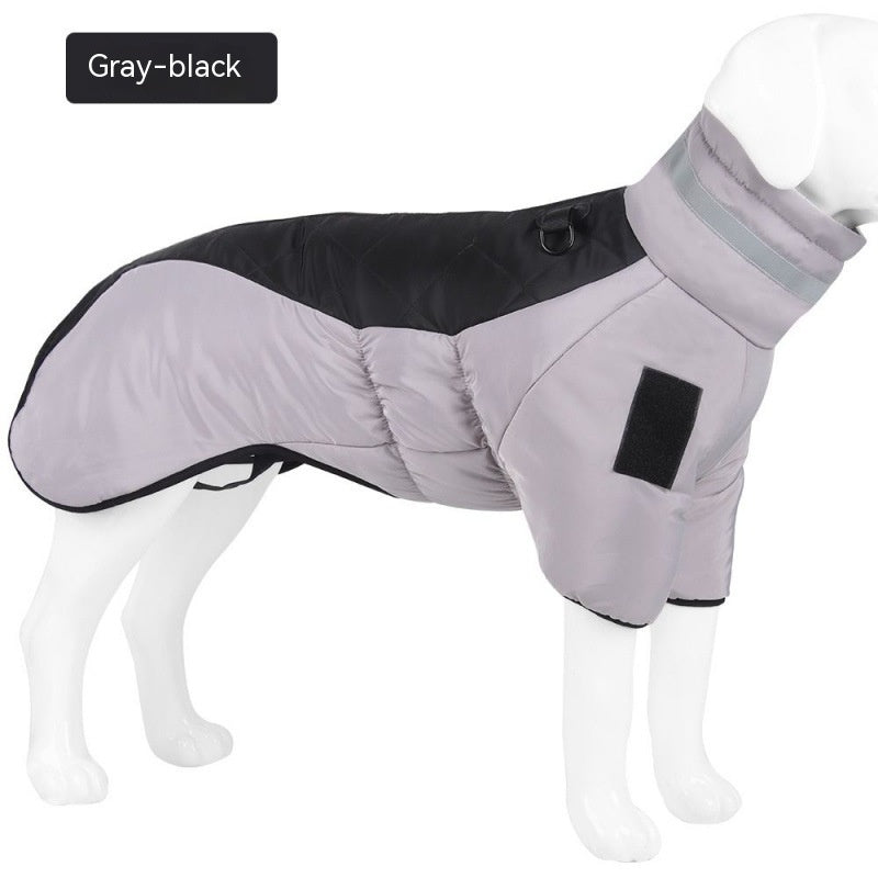 Dog waterproof winter coat, black padded back with gray quilted chest panel and hood