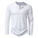 Men's long sleeve henley pullover in white with button placket and curved shirttail hem