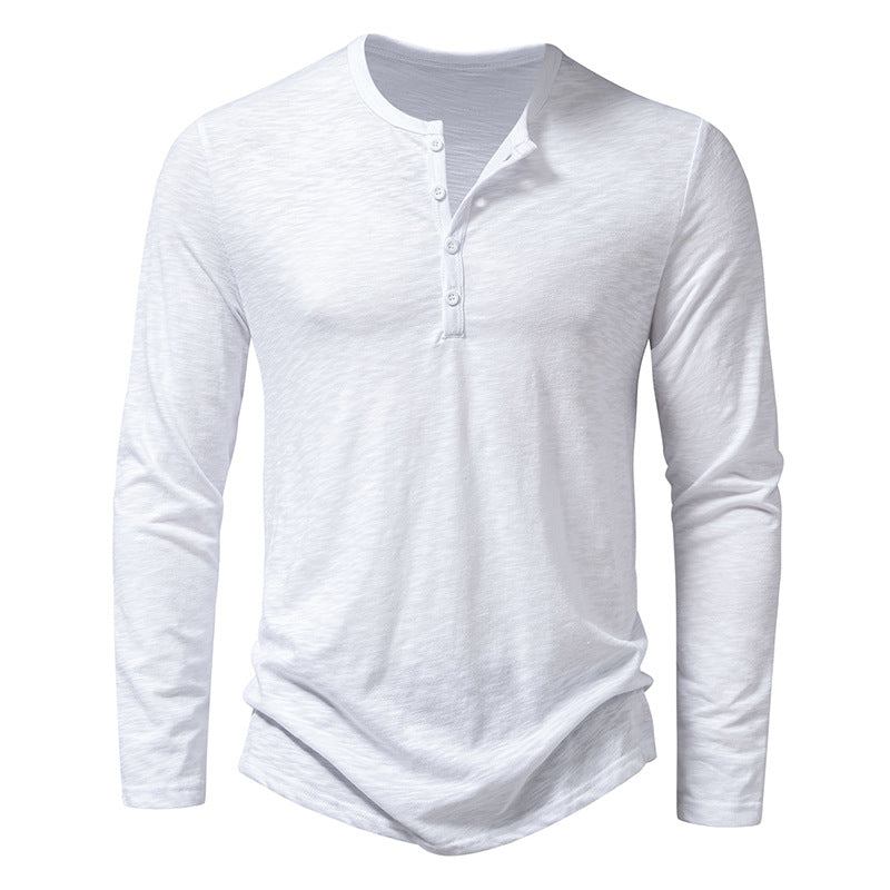 Men's long sleeve henley pullover in white with button placket and curved shirttail hem