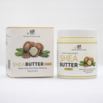 Ivory shea butter body butter jar beside its box, white lid, beige cream.