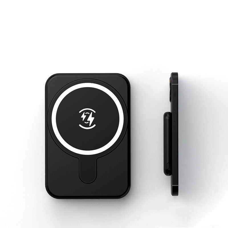 Black magnetic wireless power bank with charging icon, slim side profile