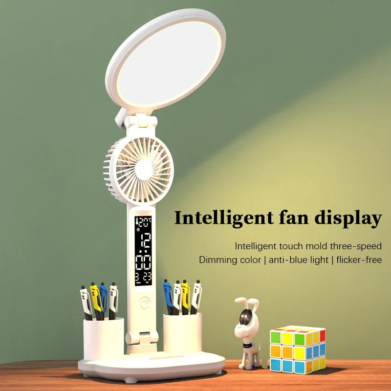 Lámpara de mesa con reloj LED recargable por USB, lámpara de escritorio regulable, luz de ventilador LED enchufable, luz nocturna de lectura plegable con protección ocular