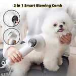 White smart pet hair dryer with grooming comb attachment and digital temperature display