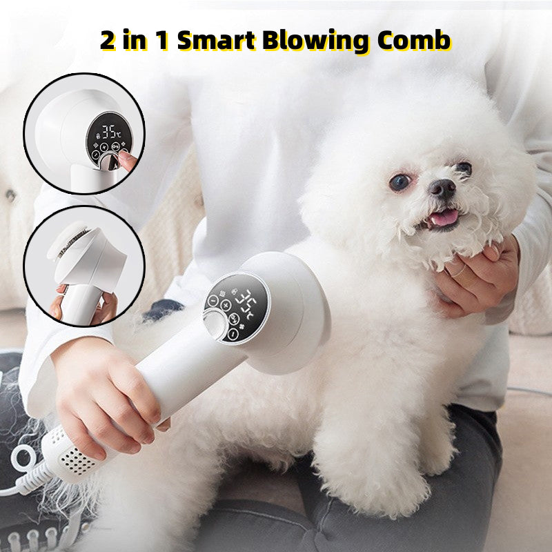 White smart pet hair dryer with grooming comb attachment and digital temperature display