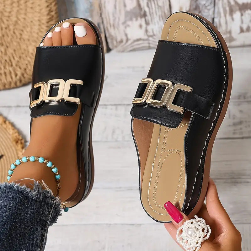 Women's chain wedge platform sandals, black upper with gold-tone buckle detail