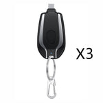Black mini keychain power bank charger with Type-C connector and metal carabiner clip