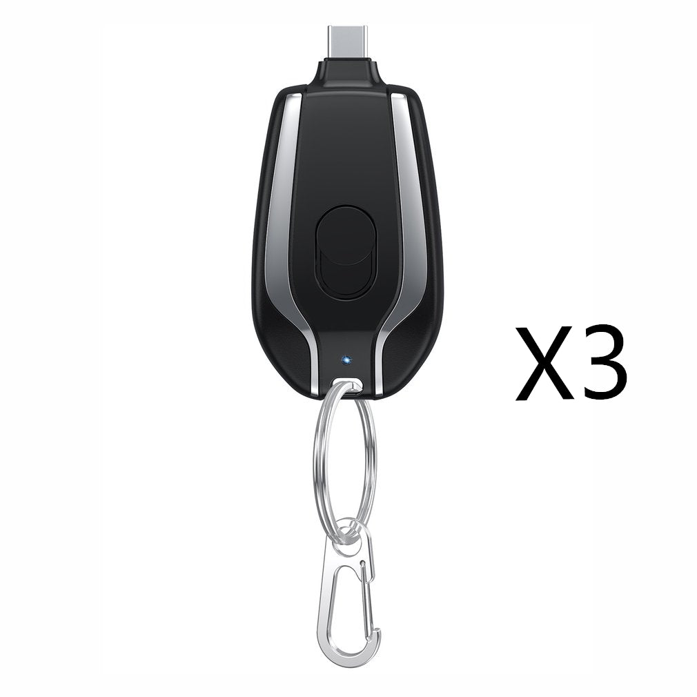 Black mini keychain power bank charger with Type-C connector and metal carabiner clip