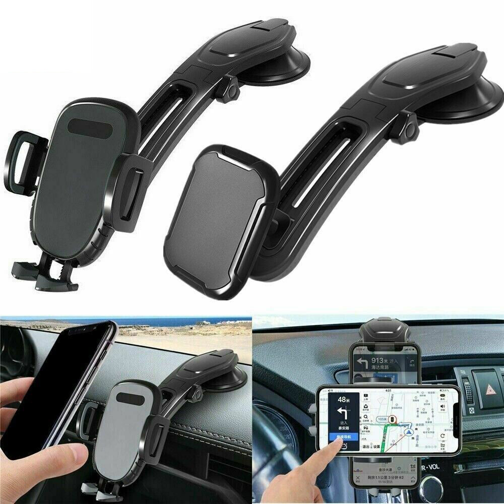 Car phone mount with gravity-style cradle and 360° rotation, black and gray