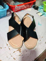 Open-toe wedge sandals with adjustable buckle straps, black PU, tan espadrille sole
