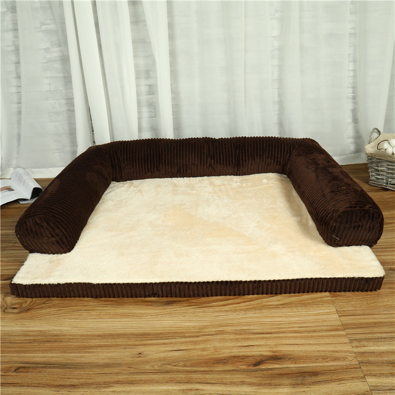 Pet dog bed with dark brown cord bolster and cream cushioned base